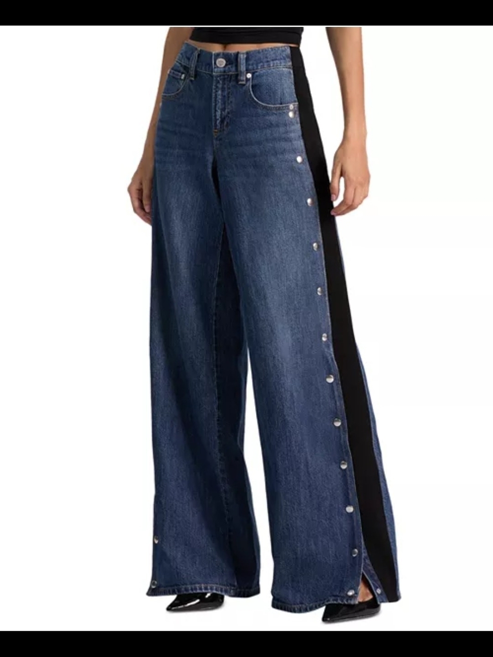 Alice + Olivia Two-Tone Wide Leg Snap-Trim Jeans in Denim Blue and Black Size 26 - Picture 2 of 13